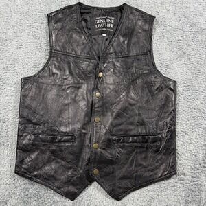Vintage Italian Stone Design Mens Black Genuine Leather Biker Vest Medium Comboy